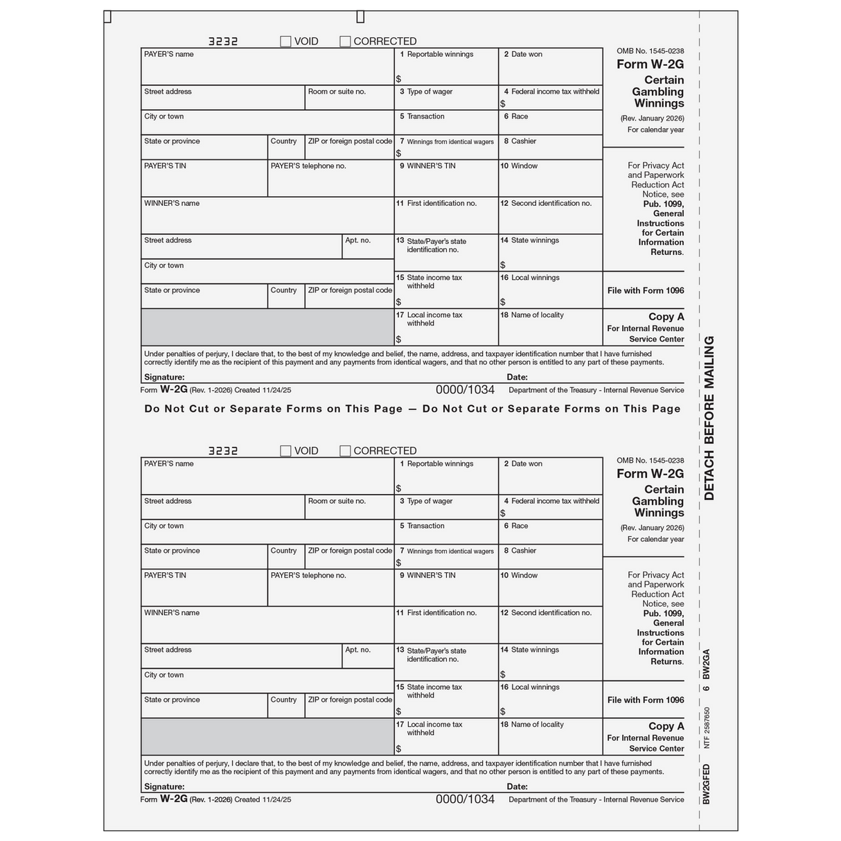 2026 W-2G Federal Copy A Forms