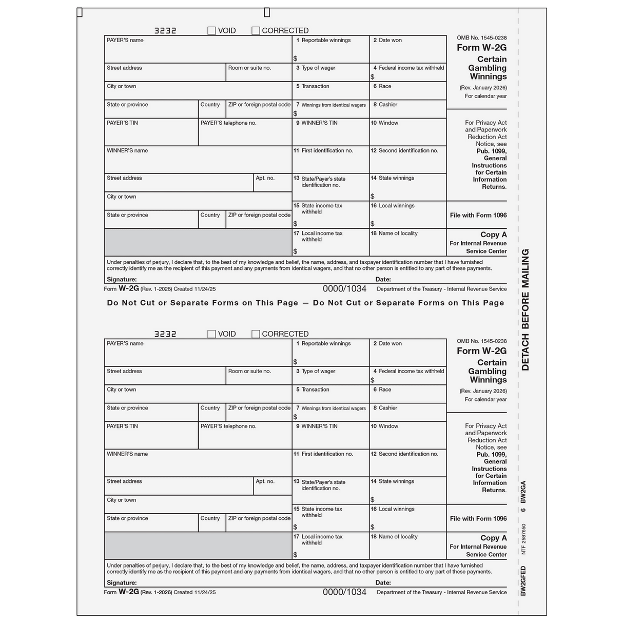 2026 W-2G Federal Copy A Forms
