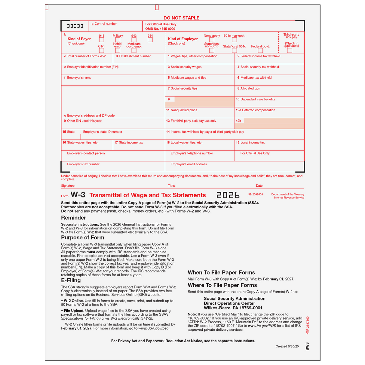 2026 W-3 Transmittal Forms