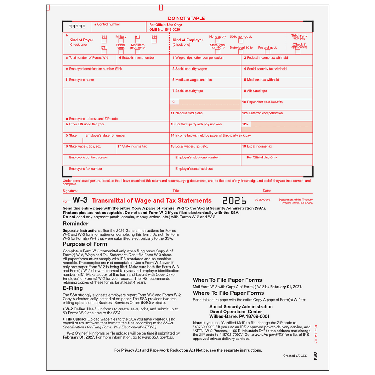 2026 W-3 Transmittal Forms