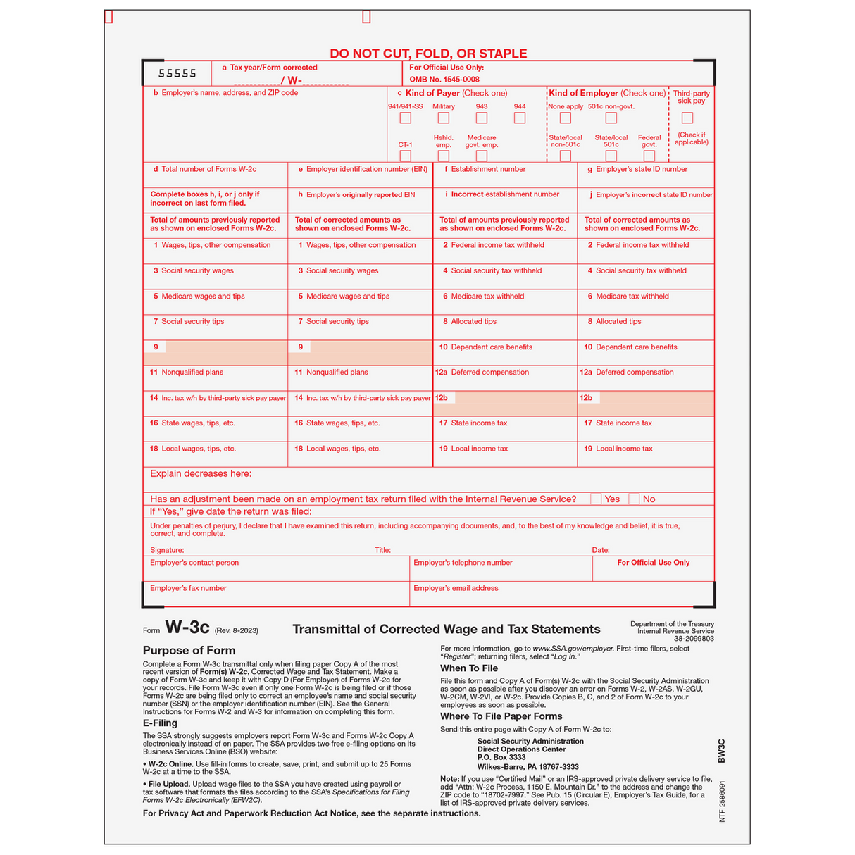2026 W-3C Correction Transmittal Forms