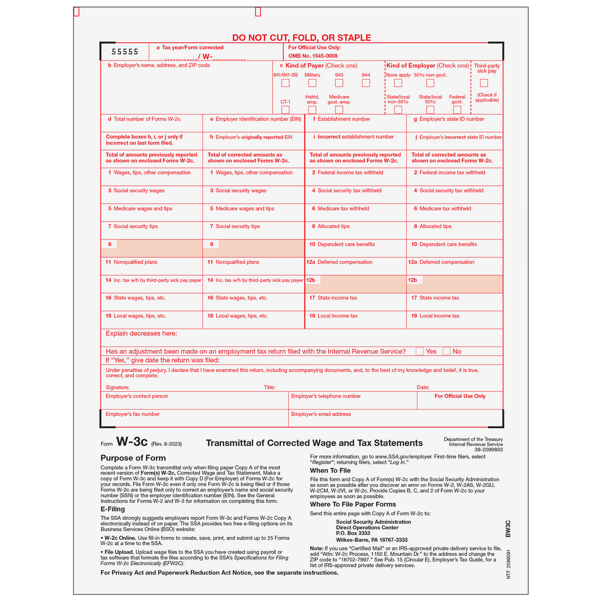 2026 W-3C Correction Transmittal Forms