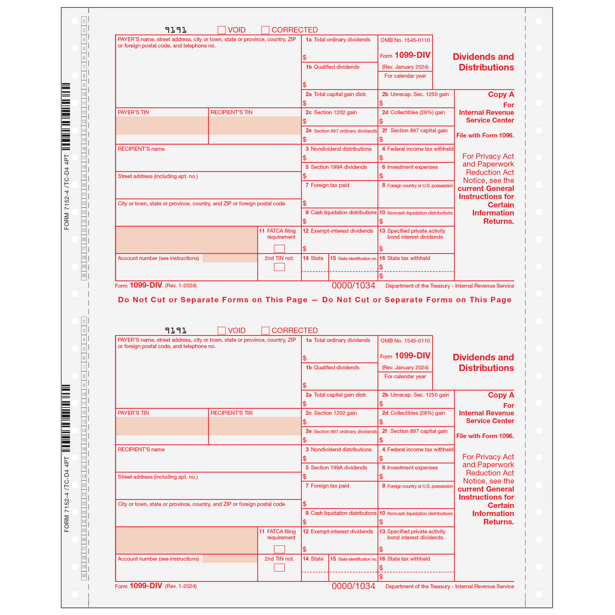 1099-DIV Dividends and Distributions, 4-part (Carbonless)