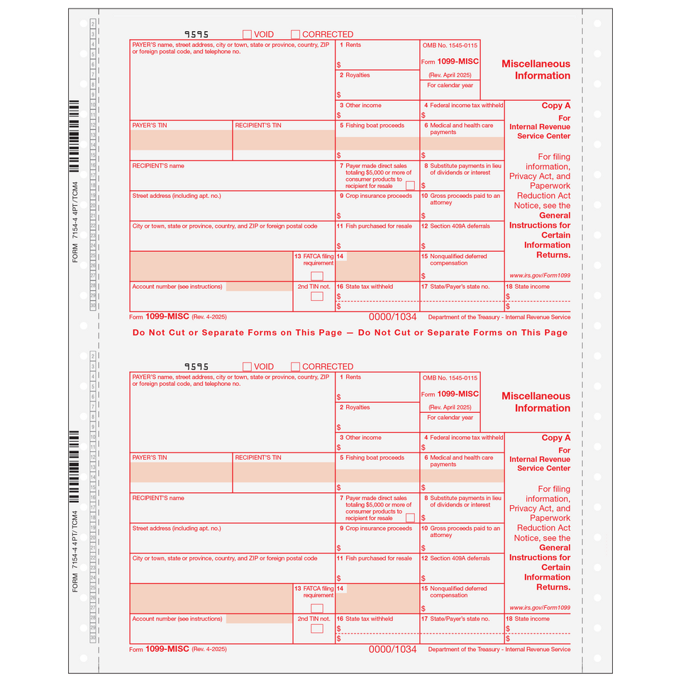 Form 1099-MISC Miscellaneous Information 4-Part Set (Carbonless) - 25 Qty