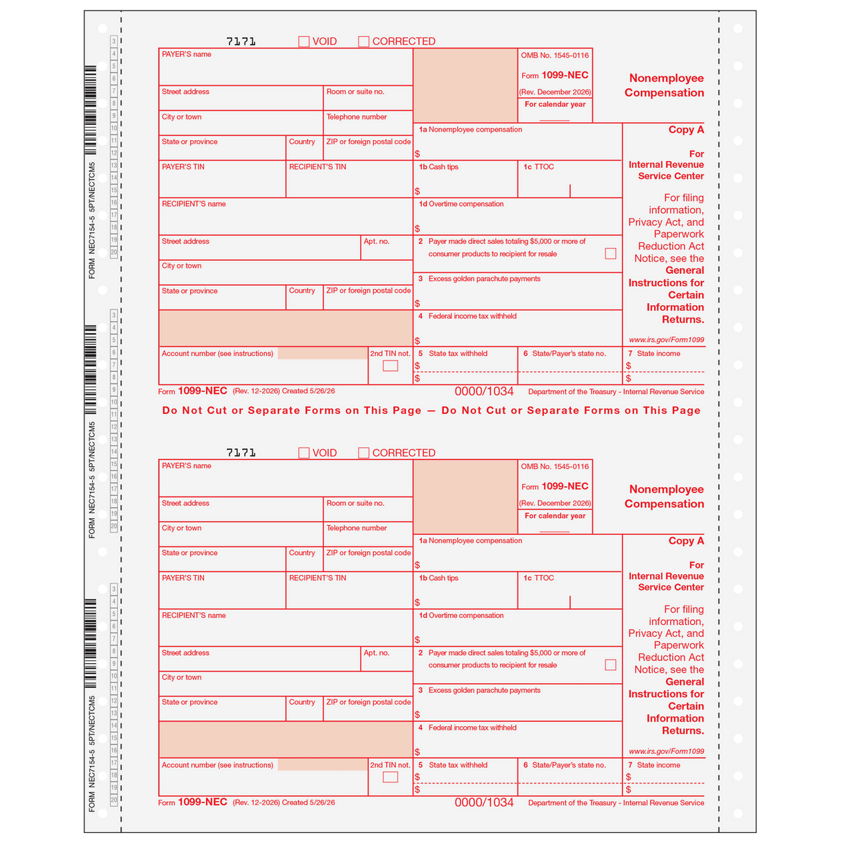 2026 1099-NEC 5-Part Carbonless Continuous Forms