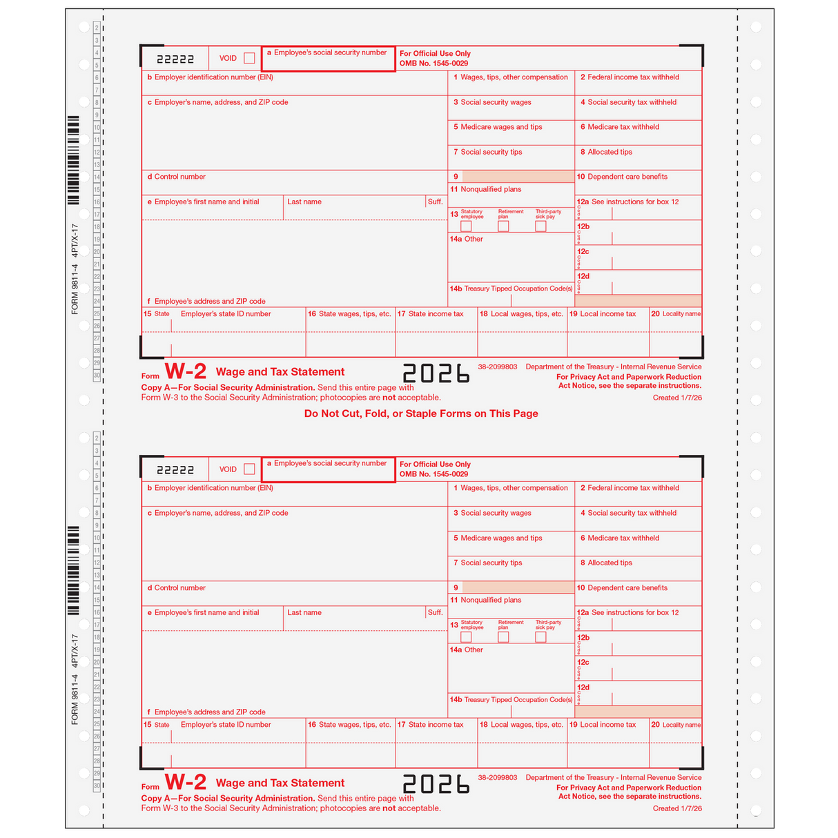 Form W-2 Wage & Tax Statement 6-Part (Carbonless)