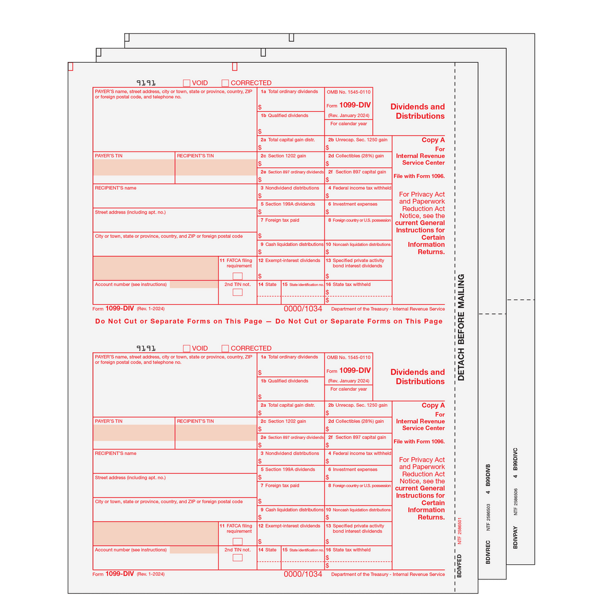2026 1099-DIV Preprinted Set - 3 Part