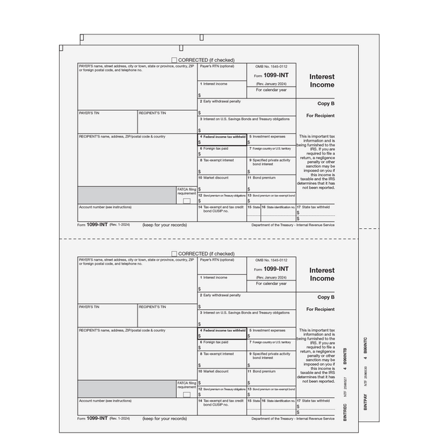 1099-INT Interest Income - 2-Part E-file Set (Preprinted)