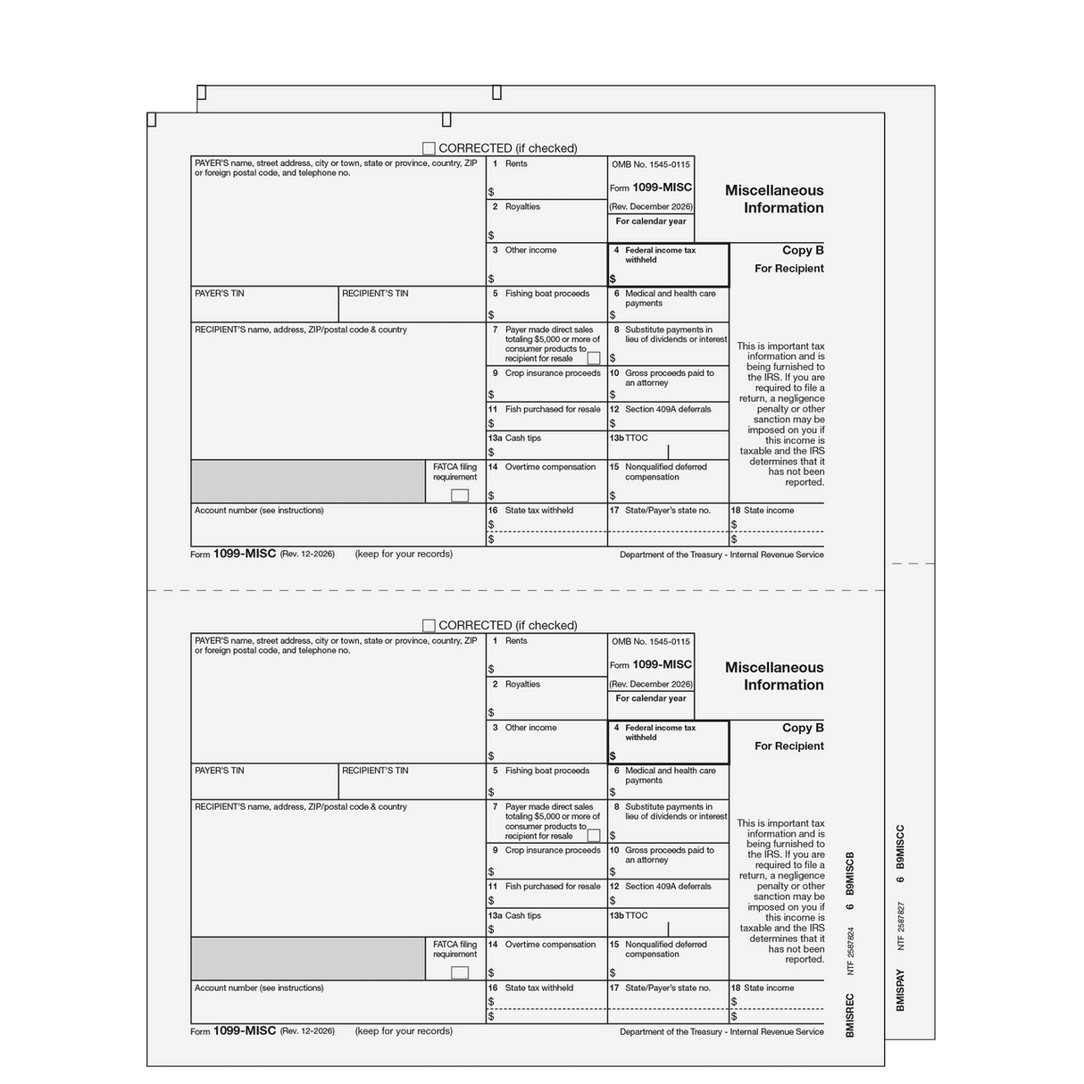 2026 1099-MISC Preprinted E-file Laser Set - 2 Part