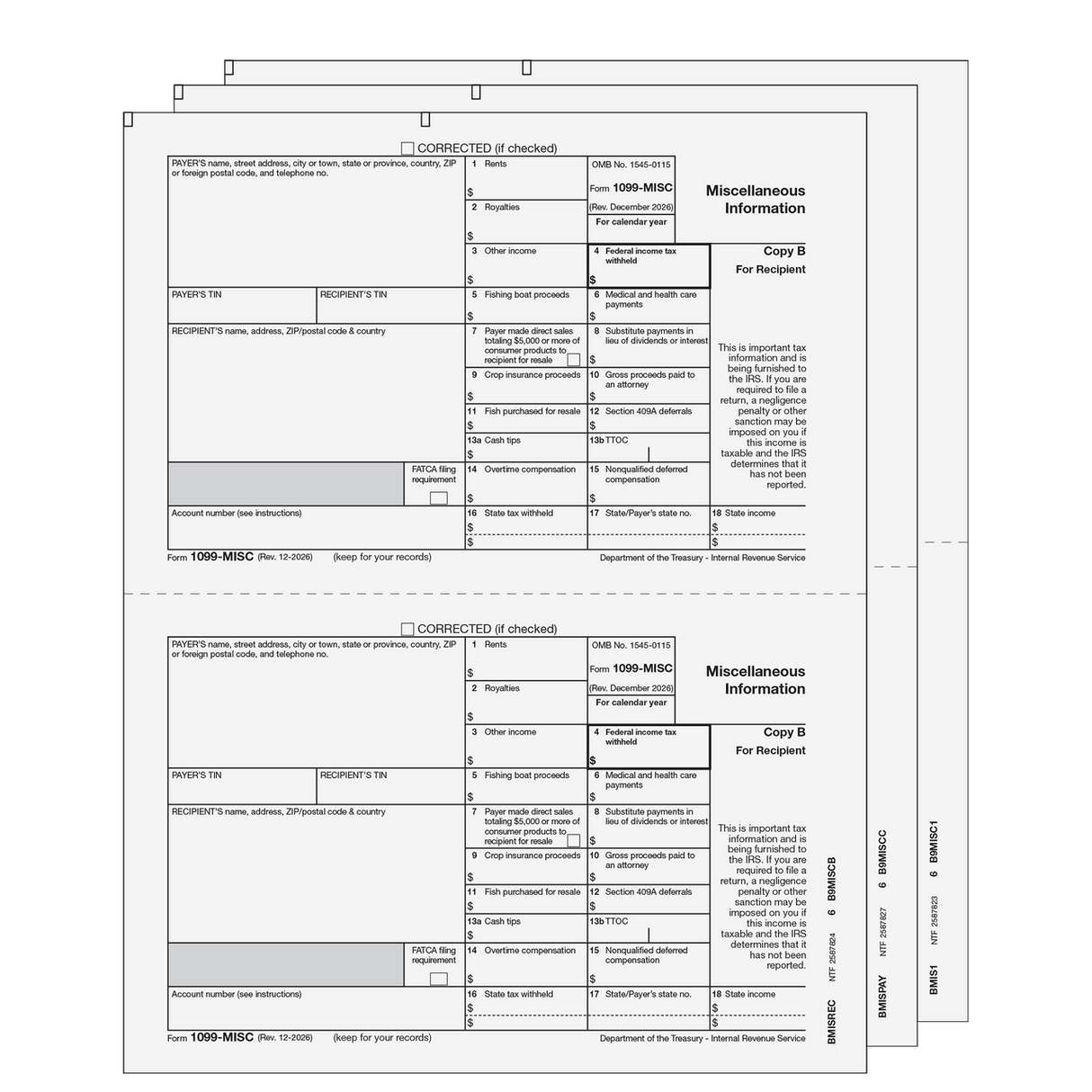 2026 1099-MISC Preprinted E-file Laser Set - 3 Part