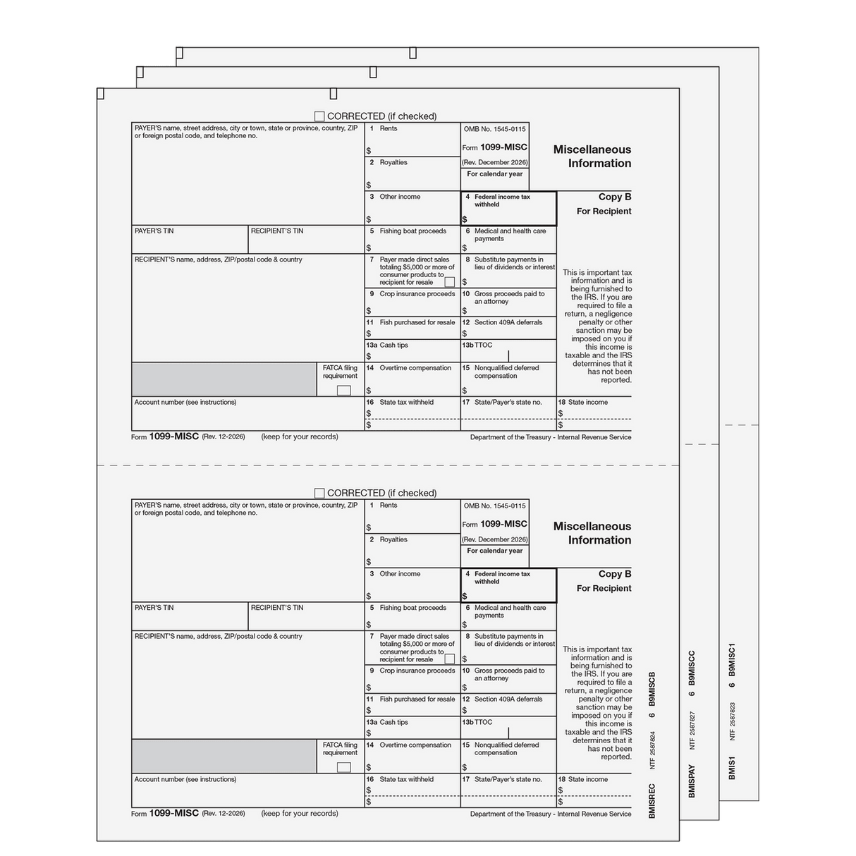 2026 1099-MISC Preprinted E-file Laser Set - 3 Part