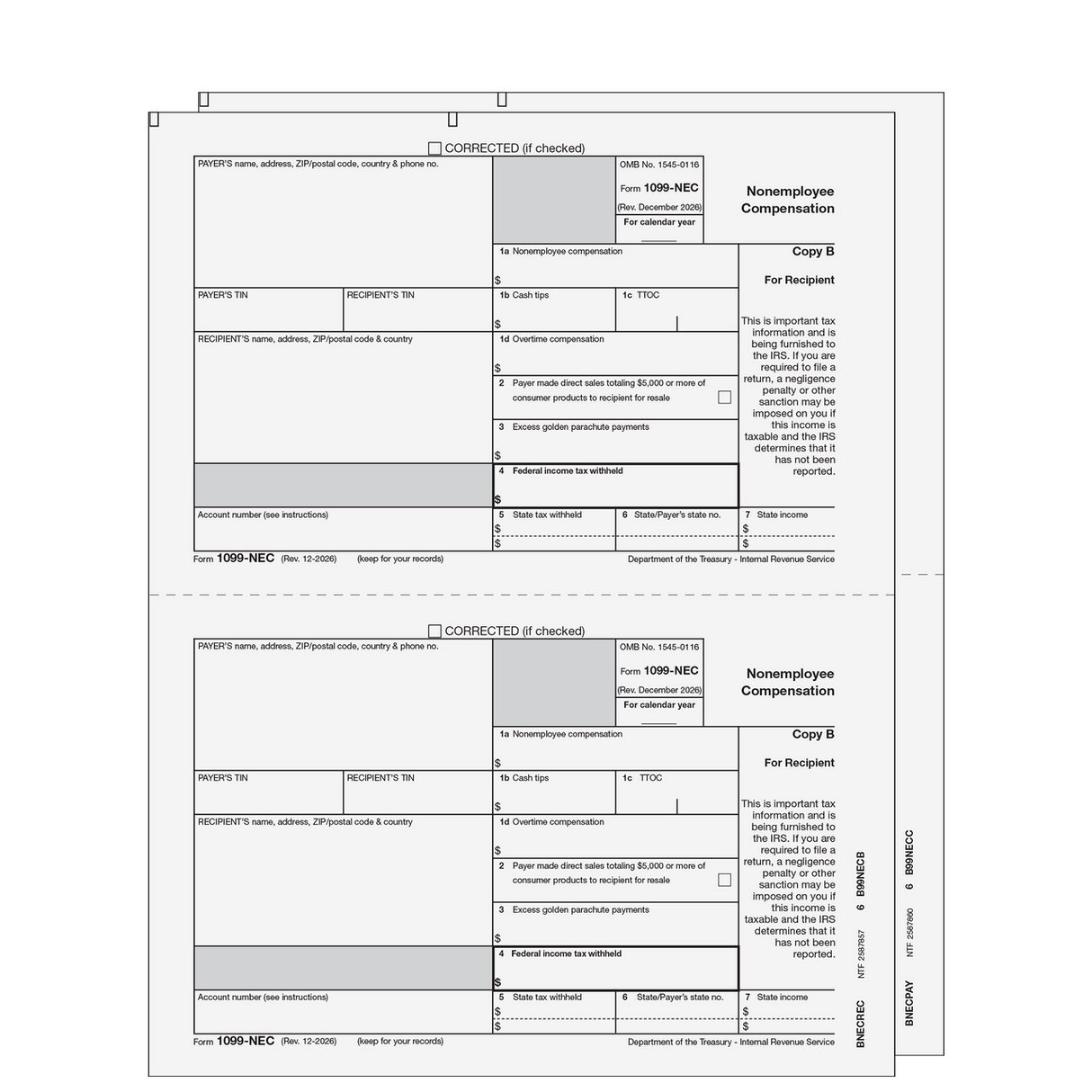 2026 1099-NEC 2-Part Preprinted E-File Laser Set
