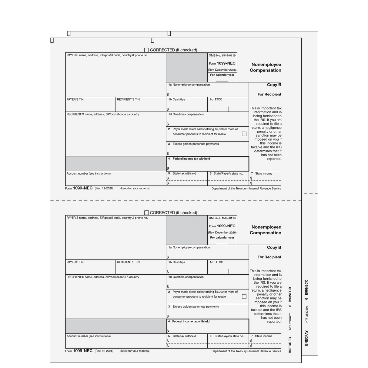 2026 1099-NEC Preprinted E-file Laser Set - 2 Part