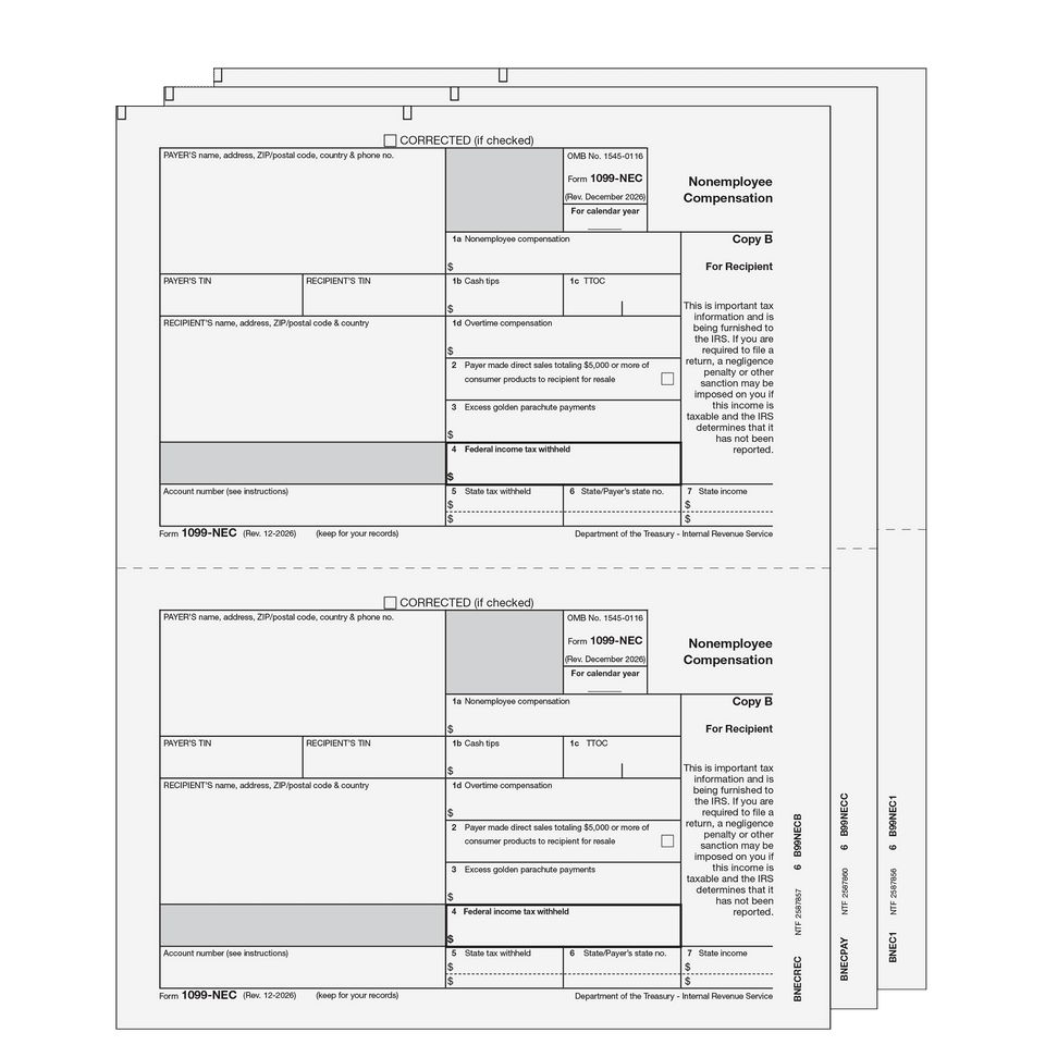 2026 1099-NEC 3-Part Preprinted E-File Laser Set