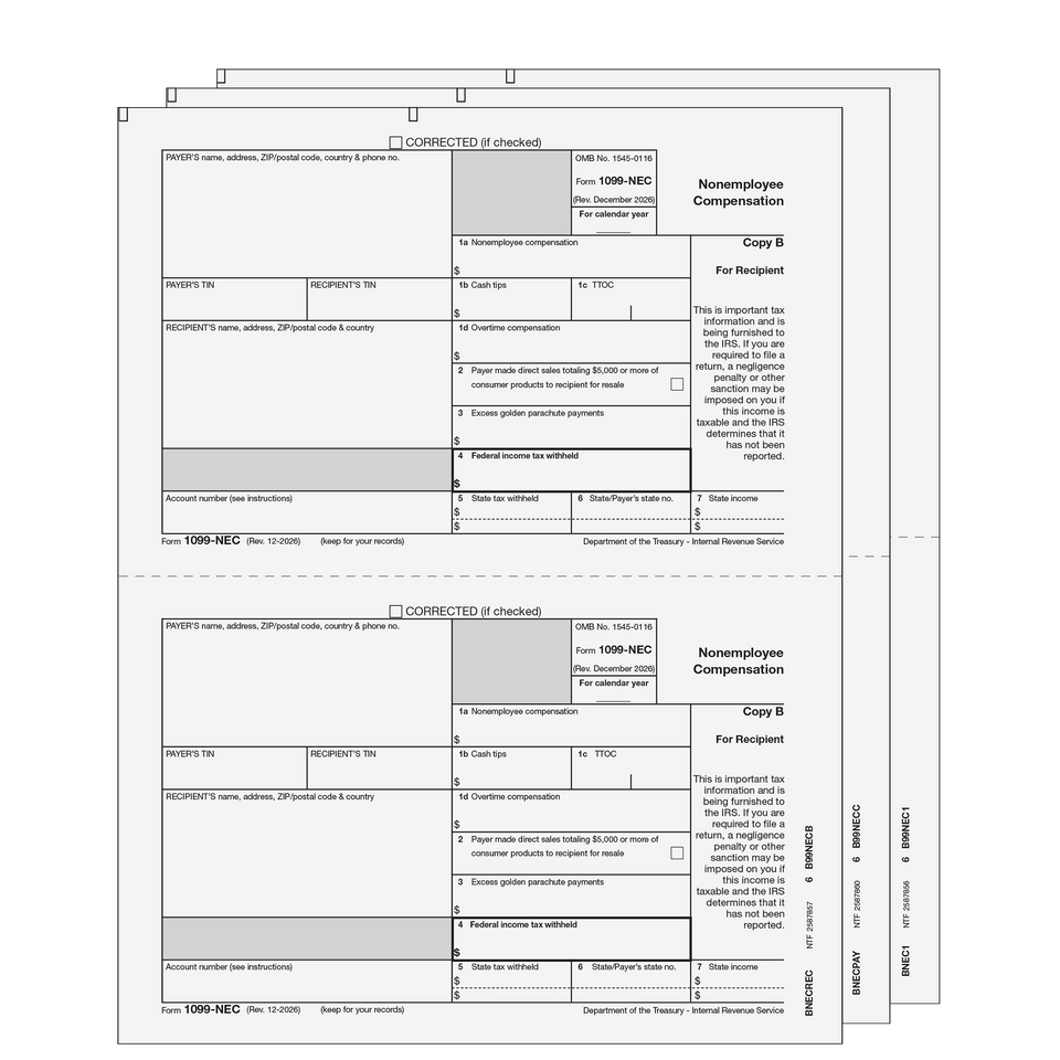 2026 1099-NEC Preprinted E-file Laser Set - 3 Part