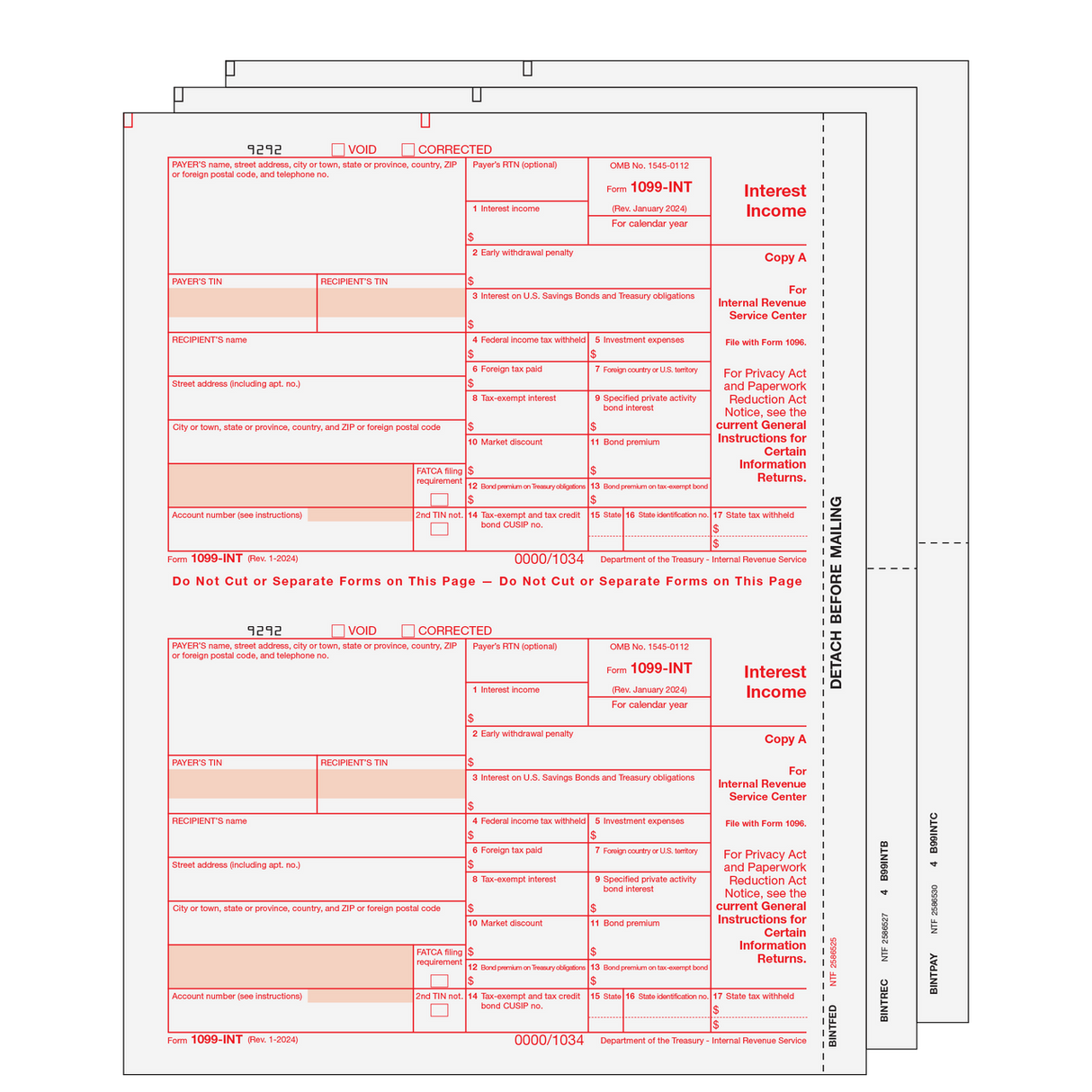 1099-INT Interest Income - 3-Part Set (Preprinted)