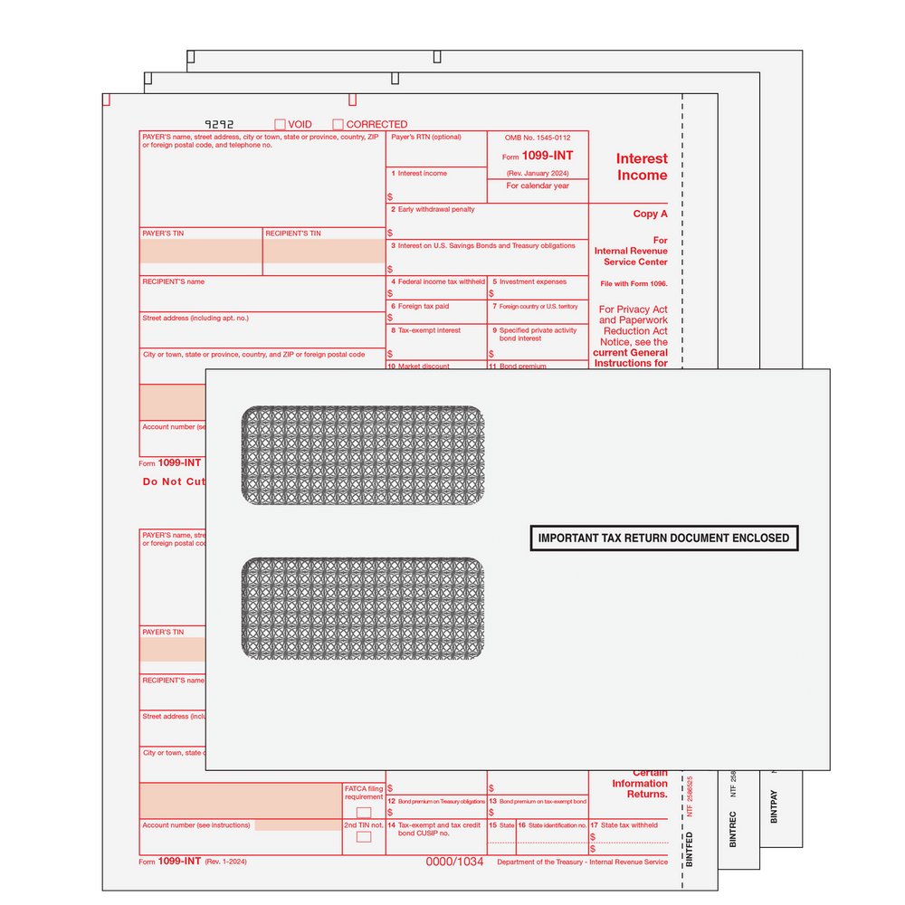 1099-INT Interest Income Preprinted 3-Part Kit (with Moisture Seal Envelopes) - 25 Qty