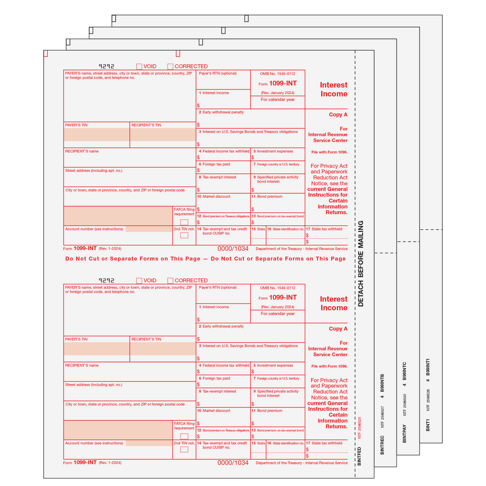 1099-INT Interest Income - 4-Part Set (Preprinted) - 25 Qty