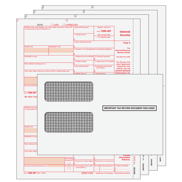1099-INT Interest Income Preprinted 4-Part Kit (with Moisture Seal Envelopes)