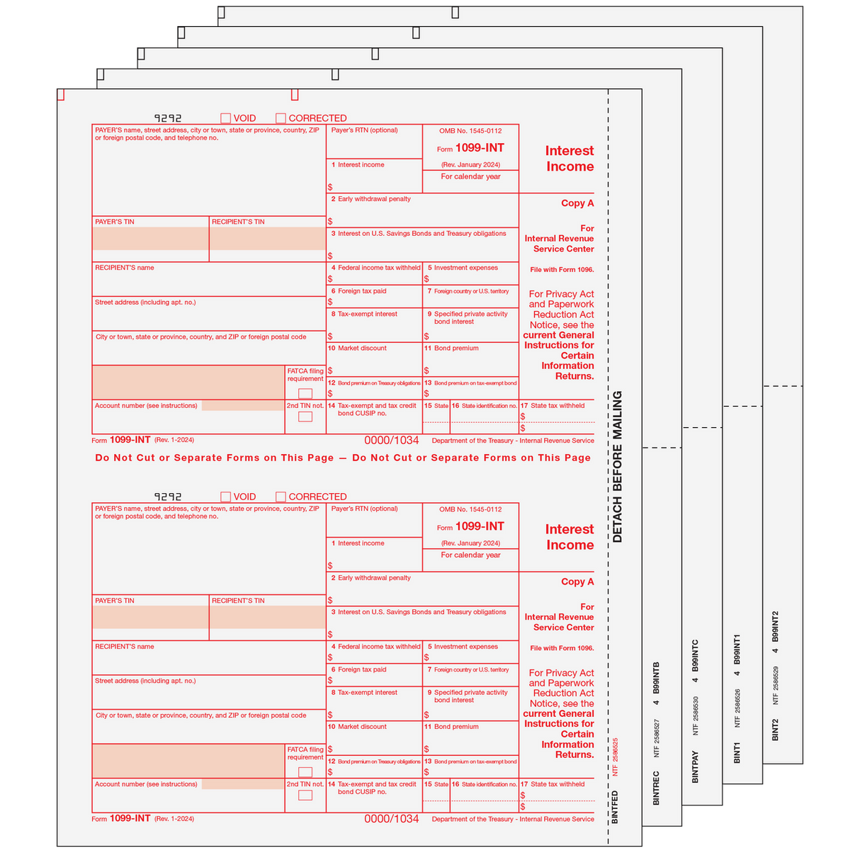 1099-INT Interest Income - 5-Part Set (Preprinted) - 25 Qty