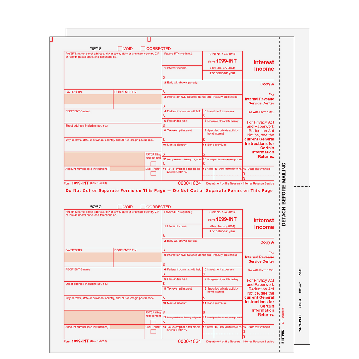 1099-INT Interest Income - 3-part Set (Blank Copies) - 25 Qty