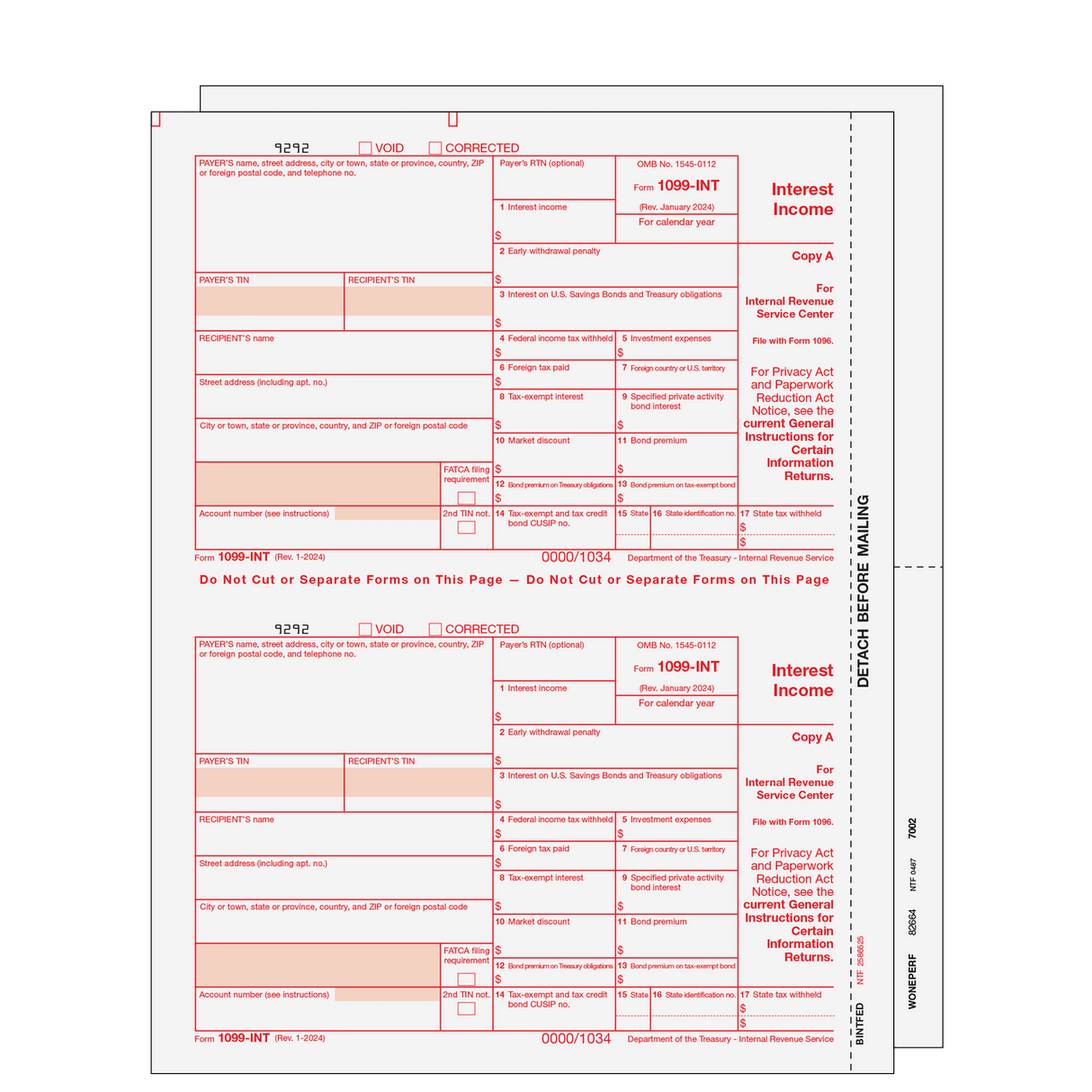 2026 1099-INT Blank Set - 3 Part
