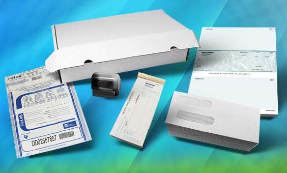 Starting a new business? Use this Kit. 250 One-part imprinted standard laser checks (linen or marble background)��
100 Double window self-seal envelopes��
50 Two-part deposit tickets��
10 Security deposit bags��
1 Endorsement stamp