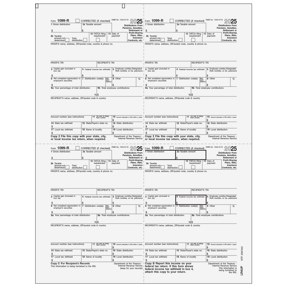 Form 1099-R Distributions From Pensions, etc. - Recipient Copy 4up Quadrant