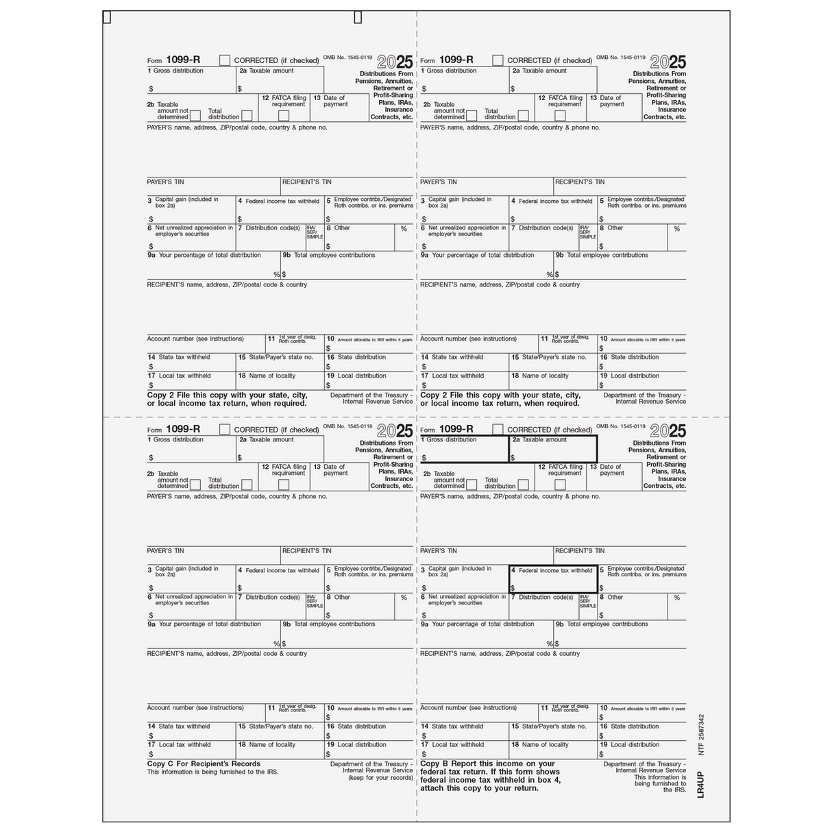 Form 1099-R Distributions From Pensions, etc. - Recipient Copy 4up Quadrant