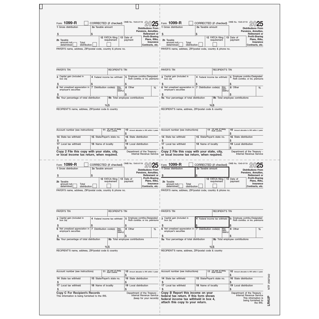 Form 1099-R Distributions From Pensions, etc. - Recipient Copy 4up Quadrant