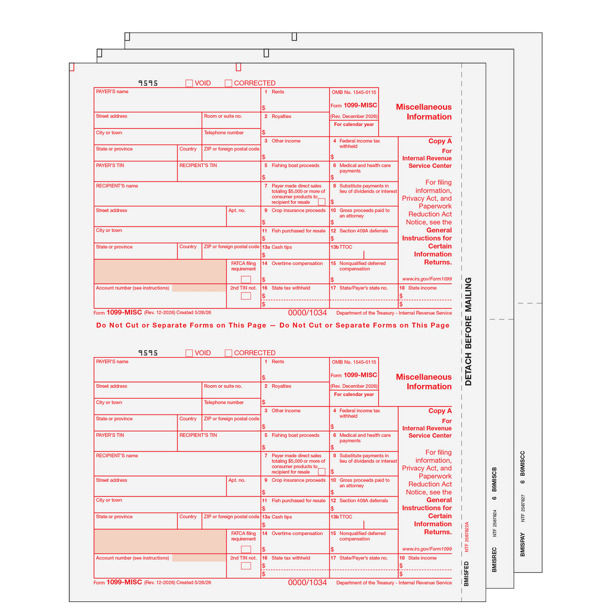 2026 1099-MISC Preprinted Set - 3 Part