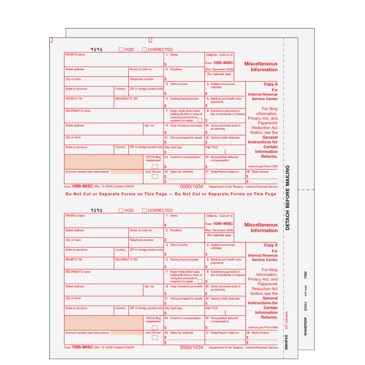 2026 1099-MISC Blank Set - 3 Part
