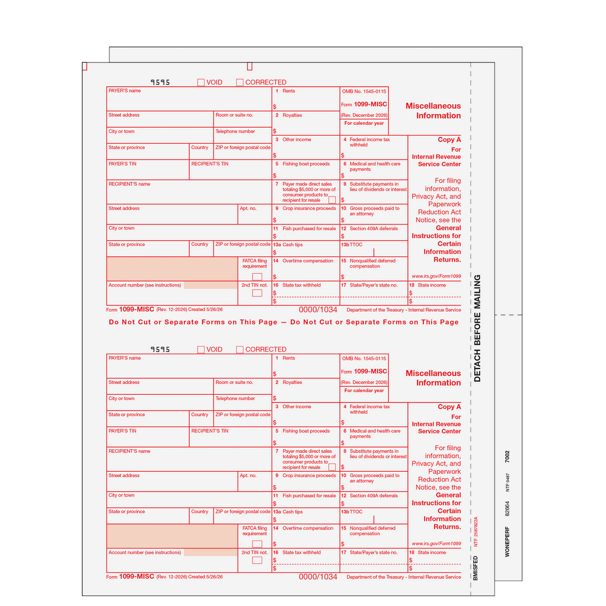 2026 1099-MISC Blank Set - 3 Part