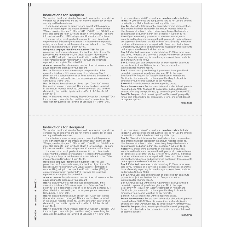 2026 1099 2-Up Blank Laser Paper with 1099-NEC Instructions on Both Panels