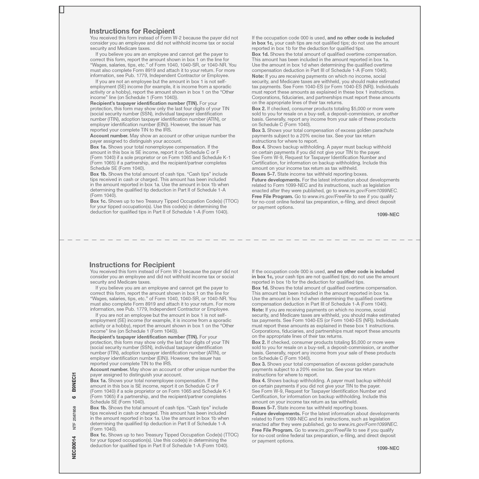 2026 1099 2-Up Blank Laser Paper with 1099-NEC Instructions on Both Panels – Back View