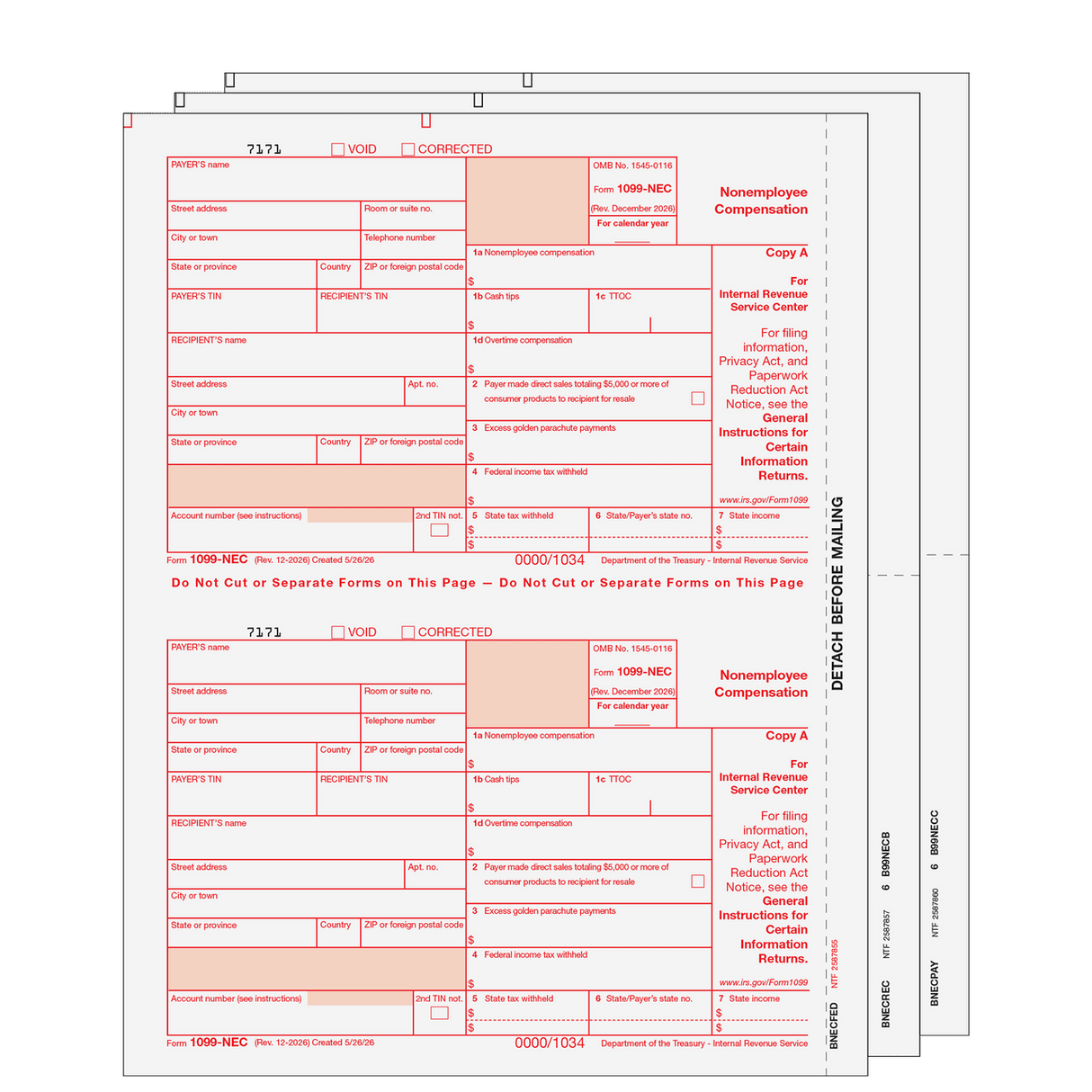 2026 1099-NEC Preprinted Set - 3 Part