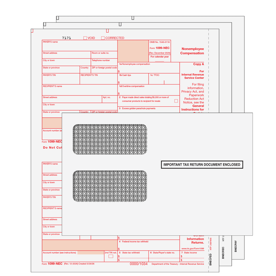 2026 1099-NEC Preprinted 3-part Kit (with Self Seal Envelopes)