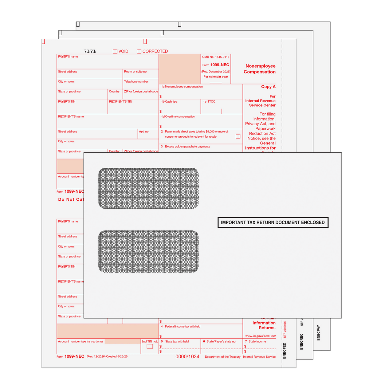 2026 1099-NEC Non-Employee Compensation Preprinted 3-Part Kit (with Moisture Seal Envelopes)