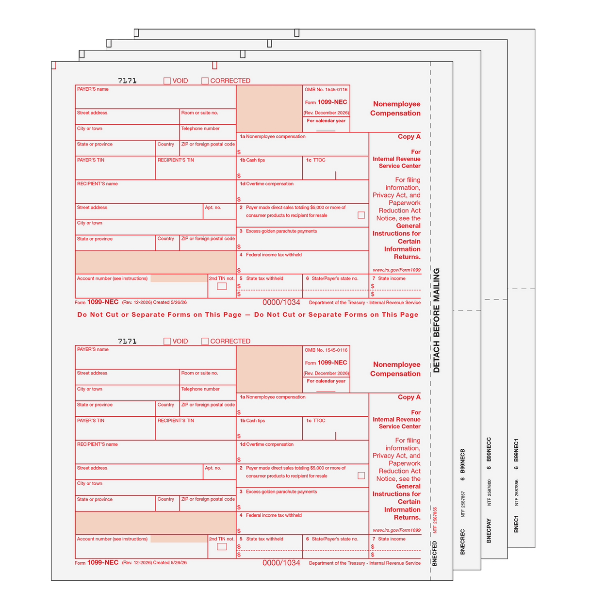 2026 1099-NEC 4-Part Preprinted Laser Set