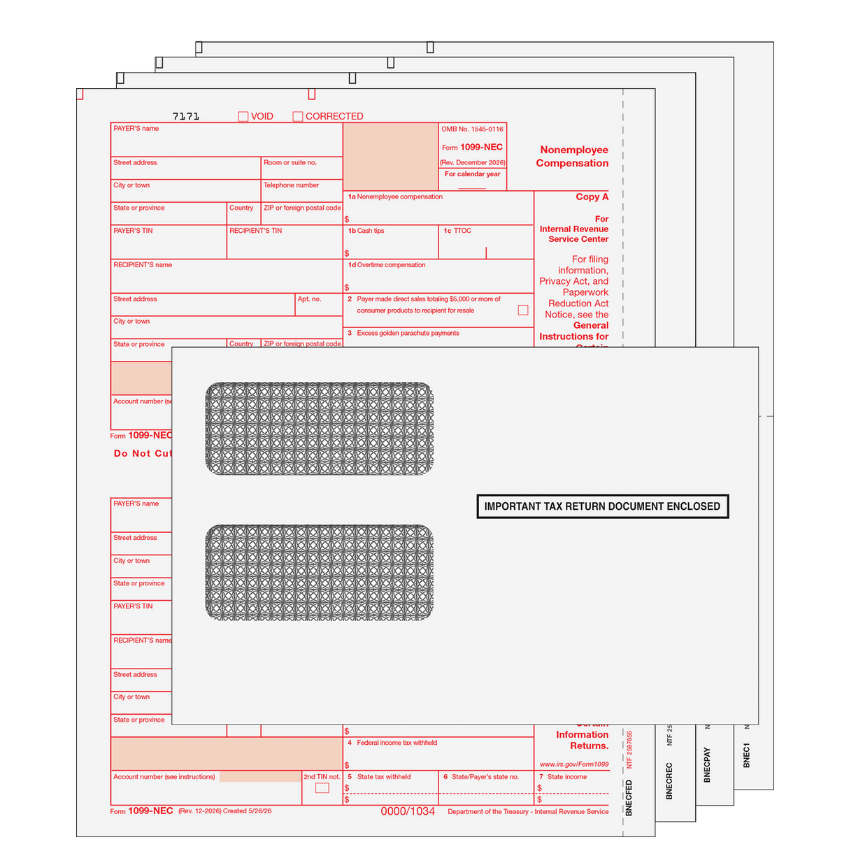 2026 1099-NEC Preprinted 4-part Kit (with Self Seal Envelopes)