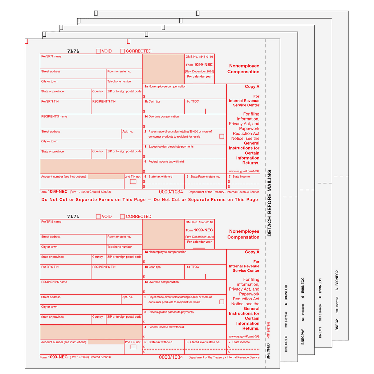 2026 1099-NEC 5-Part Preprinted Laser Set