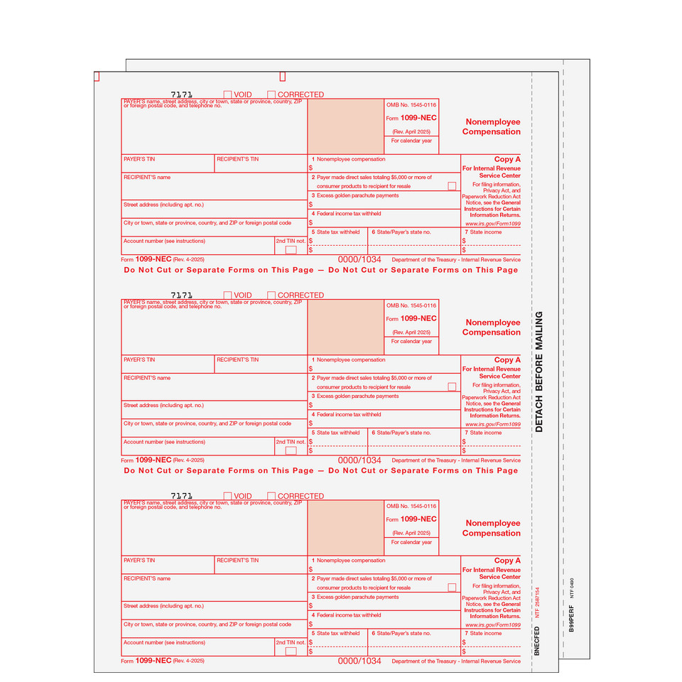 1099-NEC Non-Employee Compensation - 3-part Set (Blank Copies) - 25 Qty