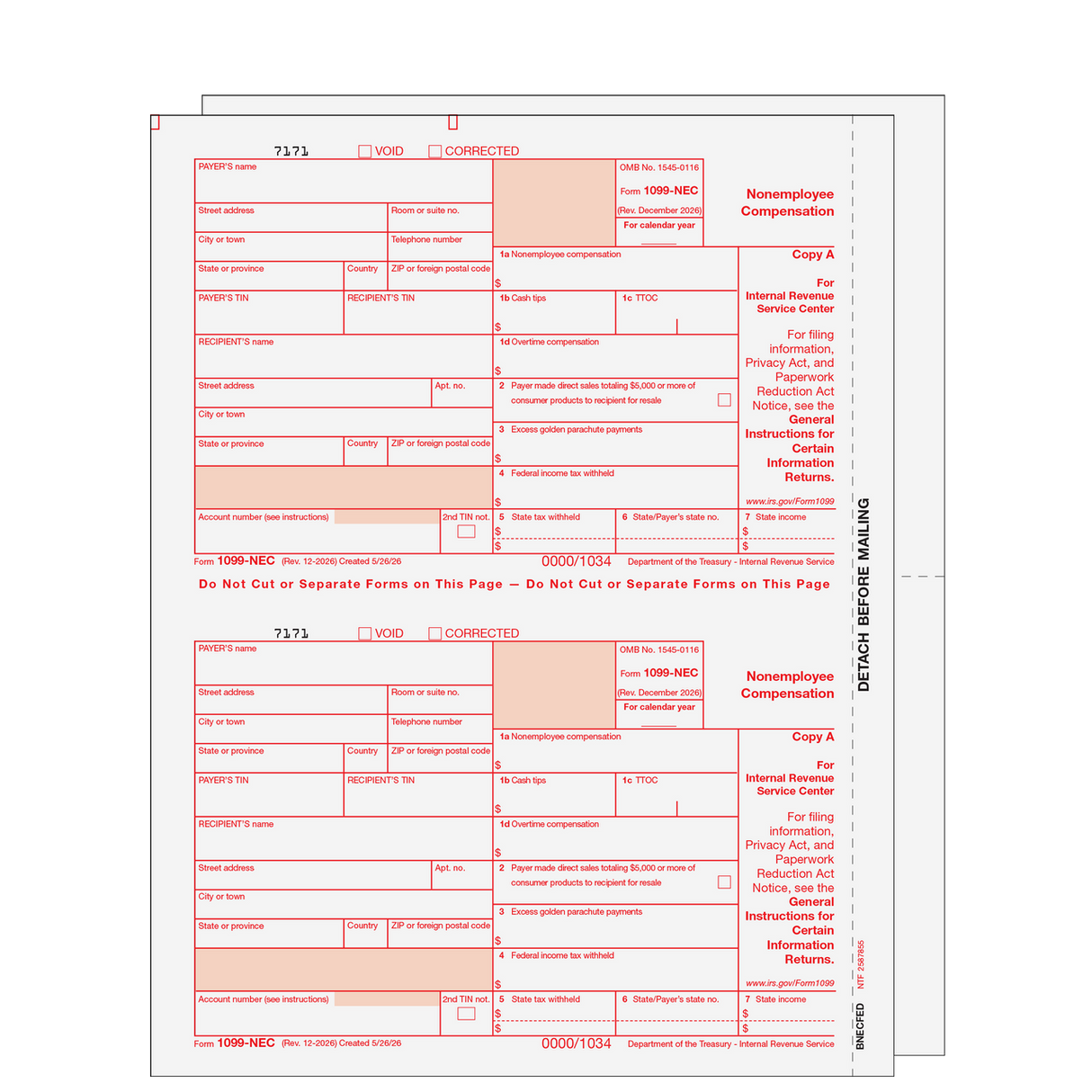 2026 1099-NEC Blank Set - 3 Part