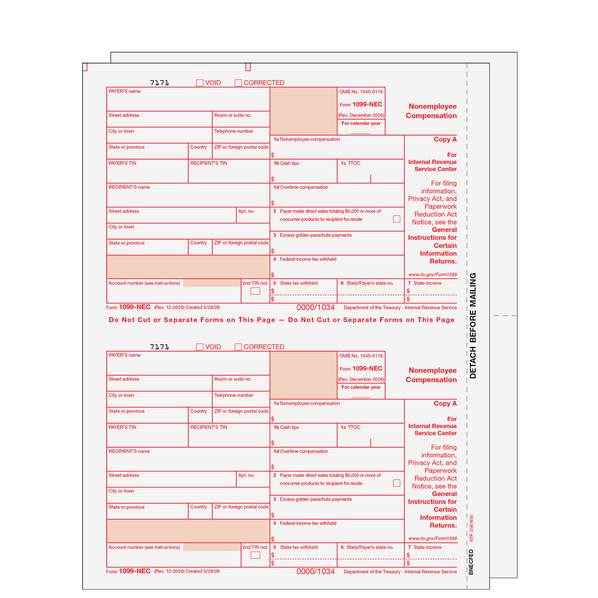 2026 1099-NEC Blank Set - 3 Part