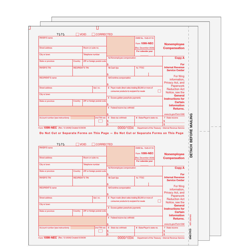 2026 1099-NEC Blank Set - 4 or 5 Part