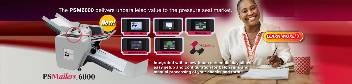 Advertisement for PS Mailers 6000 with a woman in a white coat and red background