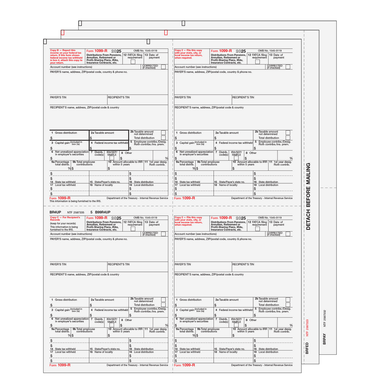 1099-R Distributions from Pensions, etc. - 6-part Set (Preprinted) - 25 Qty