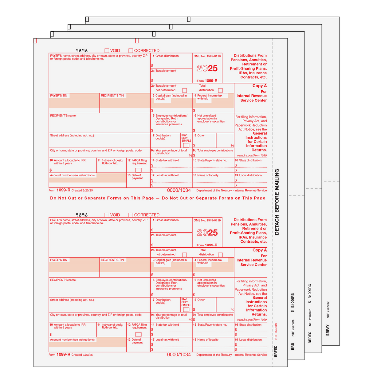 1099-R Distributions From Pensions, etc. - 4-part set (Preprinted) -25 Qty