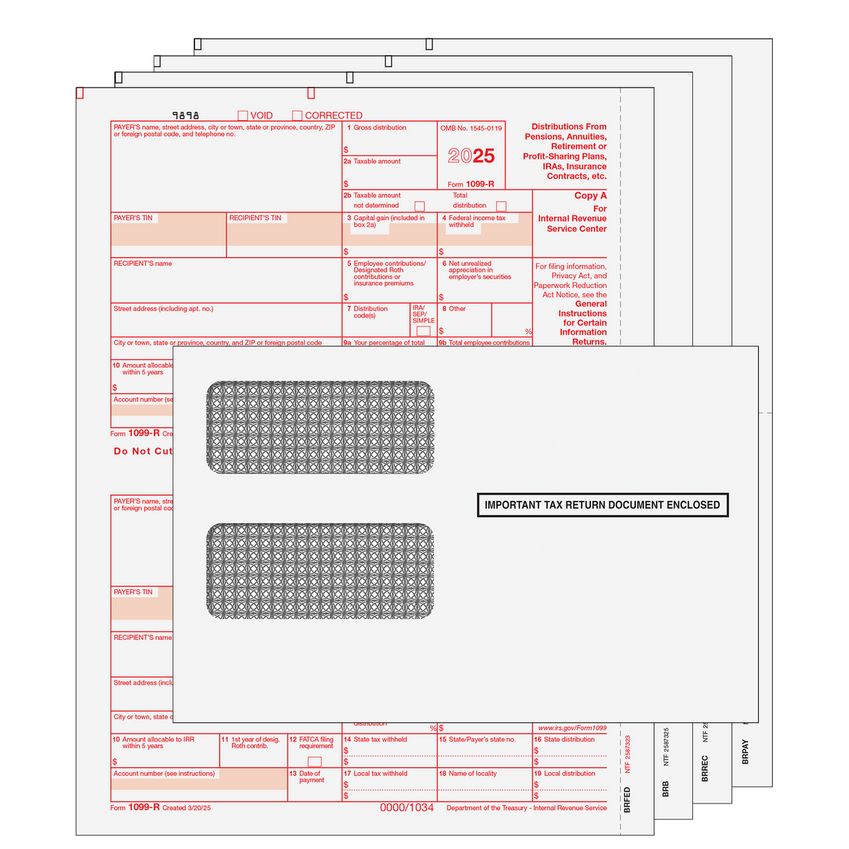 1099-R Distributions From Pensions, etc. - Preprinted 4-Part Kit (with Self Seal Envelopes) - 25 Qty