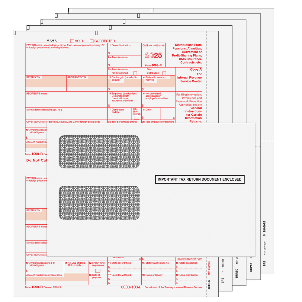 1099-R Distributions From Pensions, etc. - Preprinted 6-Part Kit (with Self Seal Envelopes) - 25 Qty